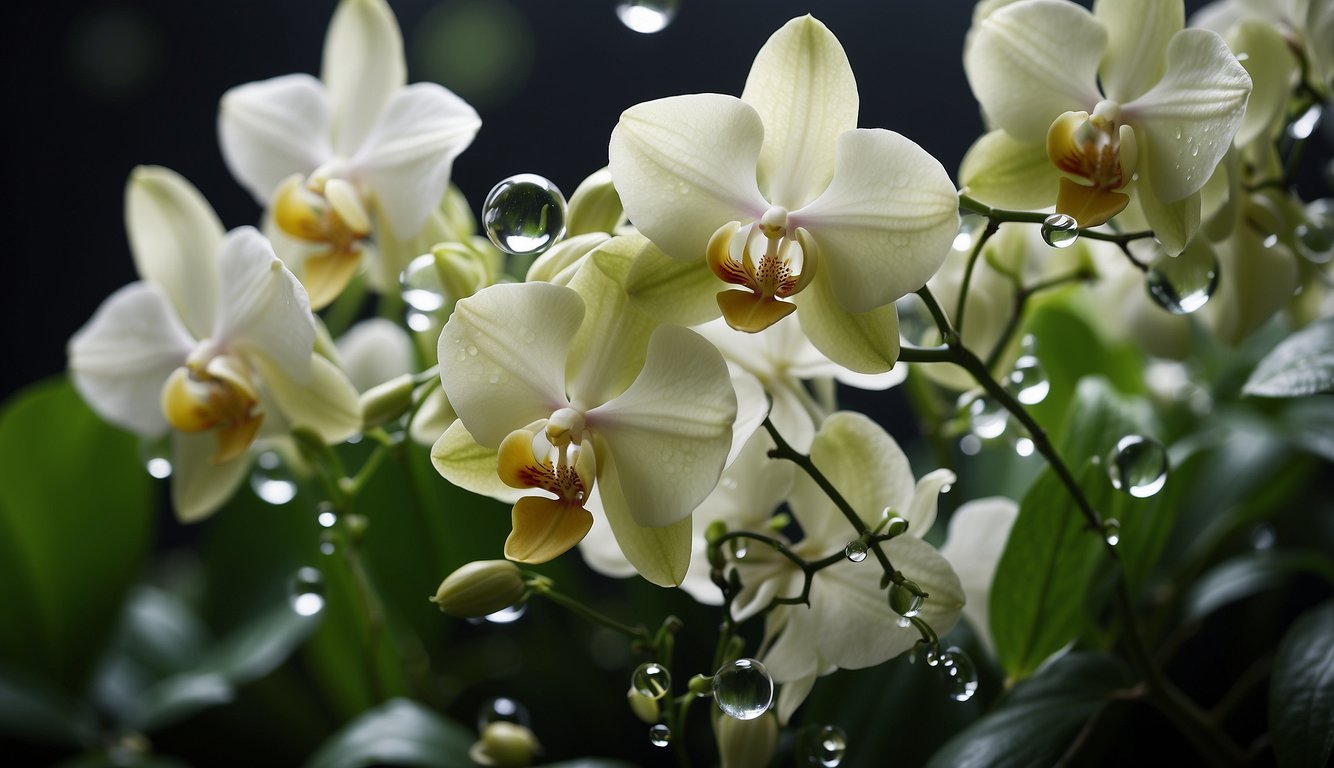 A cluster of delicate white orchids with yellow centers, adorned with glistening water droplets against a dark background.