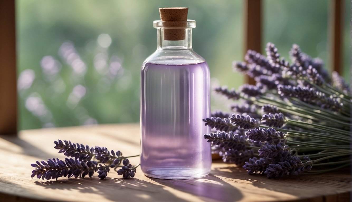 A bottle of lavender water placed beside fresh lavender sprigs on a wooden surface, with a blurred background of greenery and sunlight.