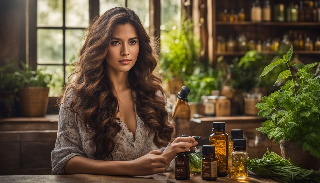 A person examining a bottle of herbal product at a wooden table surrounded by various other herbal products.
