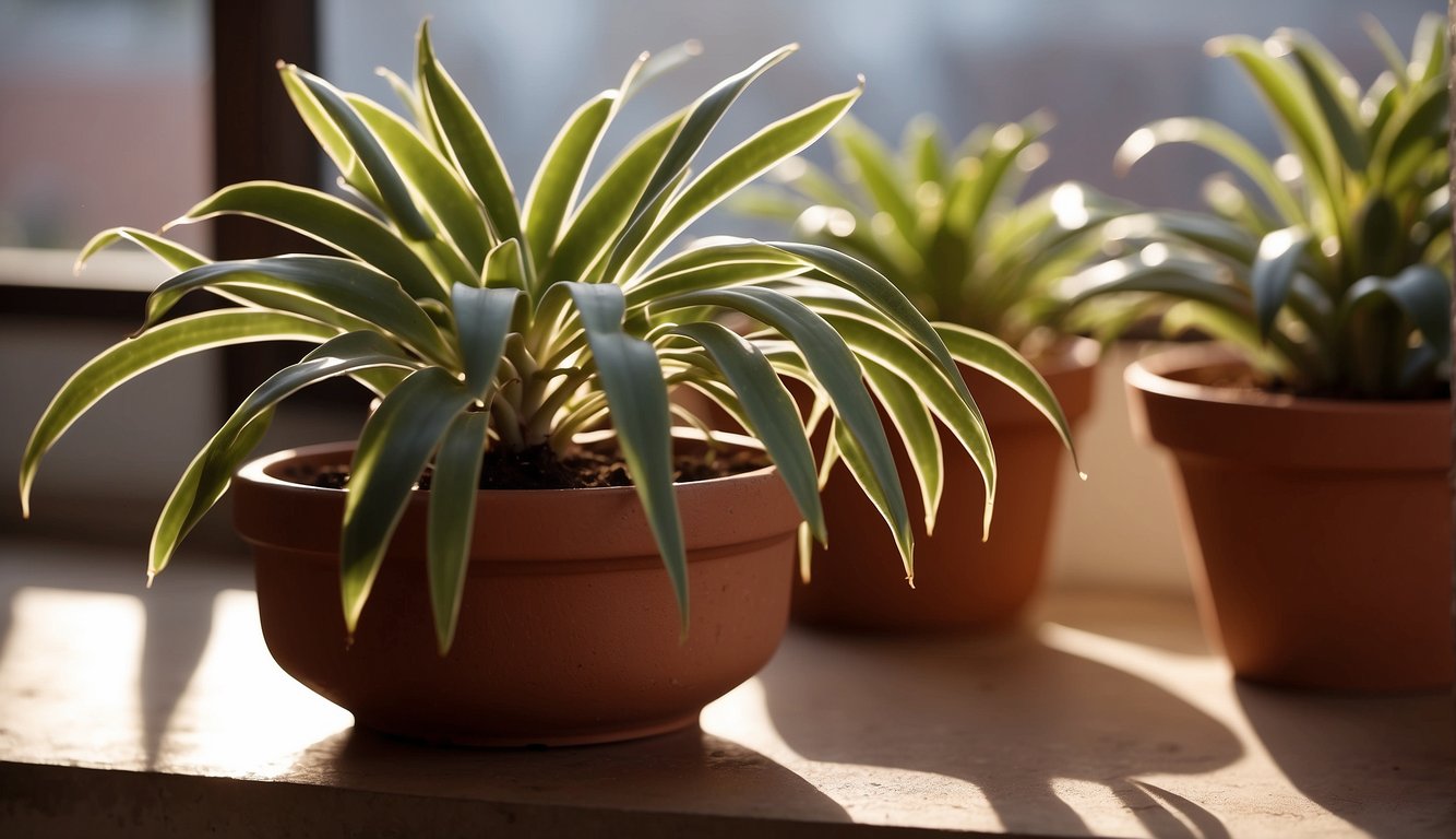 A group of Ledebouria plants in terracotta pots, basking in the sunlight on a windowsill.
