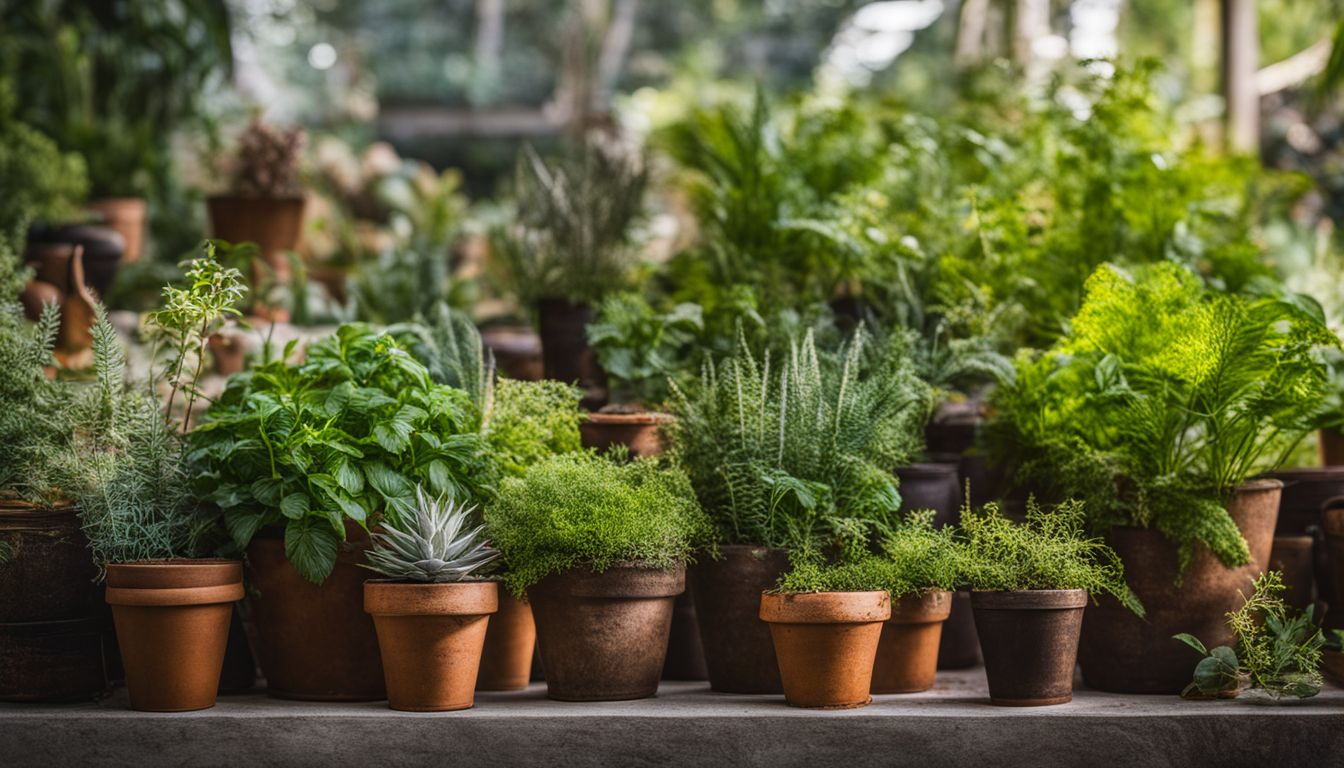 A variety of herbal plants in pots displayed in a garden setting.
