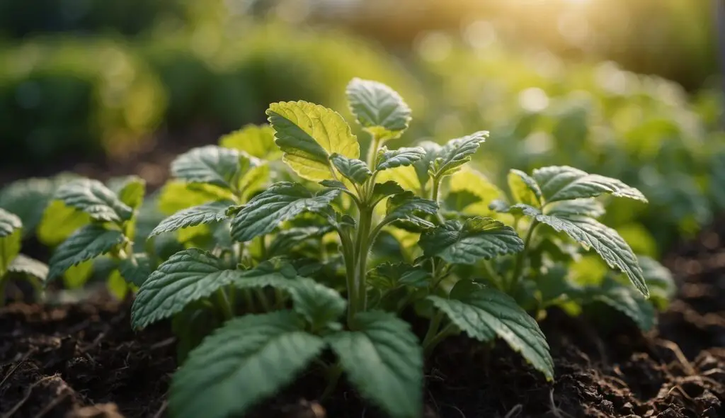 A close-up view of young lemon balm plants growing in soil, bathed in soft sunlight.