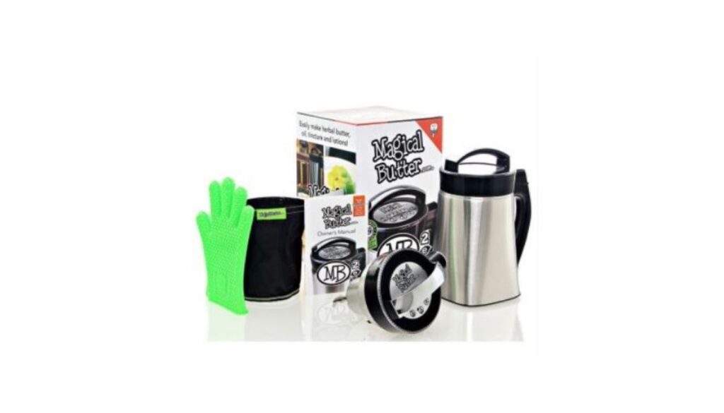 Complete Magical Butter kit including machine, filter, glove, and packaging for making herbal tinctures.