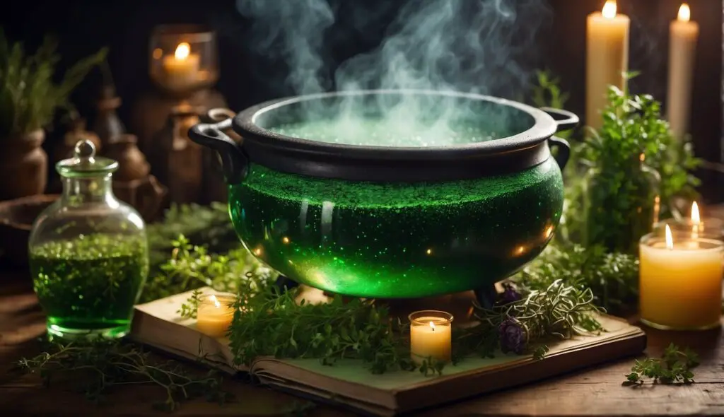 A mystical scene of a green, sparkling cauldron emitting smoke, surrounded by candles and herbs, with a potion bottle filled with green liquid nearby.