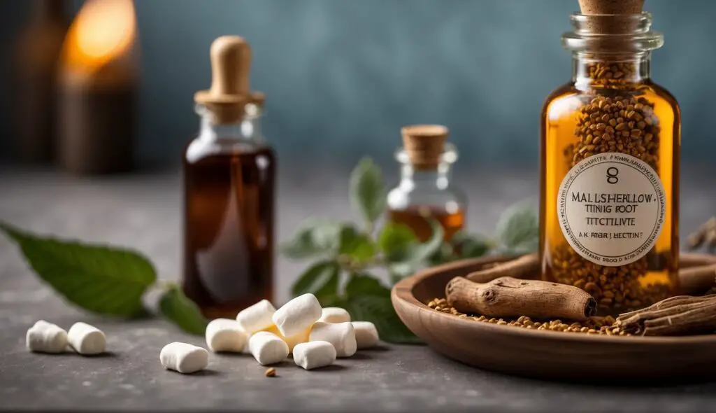 A bottle of Marshmallow Root Tincture surrounded by marshmallows, herbs, and a wooden spoon on a textured surface.