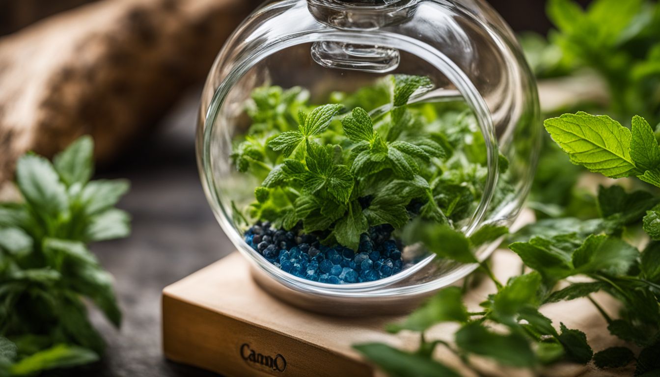 A glass terrarium containing fresh green mint leaves and blue crystals, placed on a wooden surface labeled “Camo”, surrounded by more mint leaves and a rustic background.