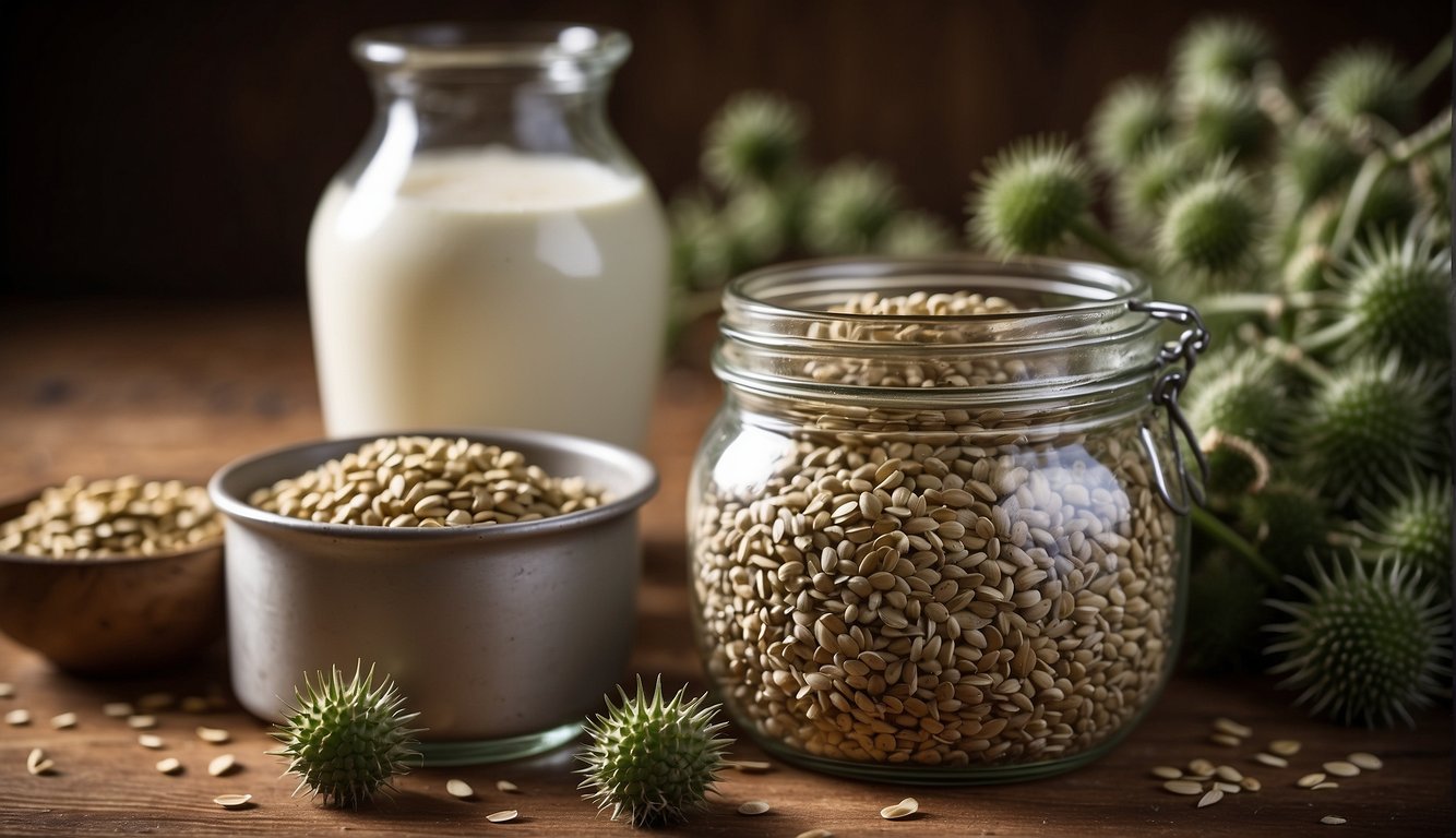 A glass bottle of milk, a bowl and a jar filled with milk thistle seeds, and green spiky milk thistle flowers on a wooden surface.