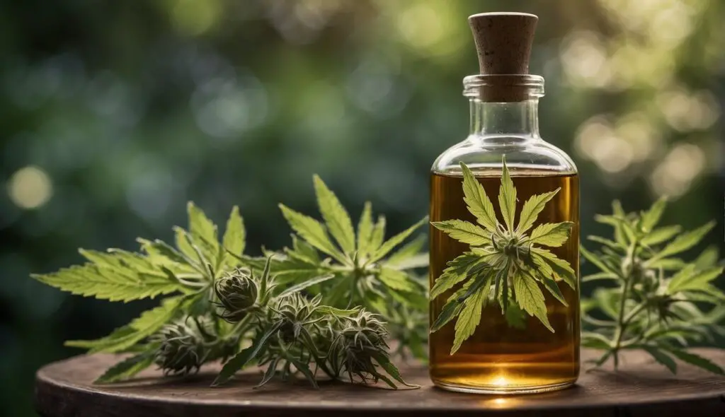 A bottle of Motherwort tincture with fresh Motherwort leaves on a wooden surface, illuminated by natural light.