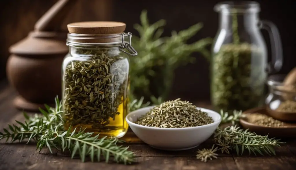 A glass jar filled with mugwort tincture surrounded by fresh mugwort leaves, a bowl of dried mugwort, and other herbal preparation tools on a wooden surface.