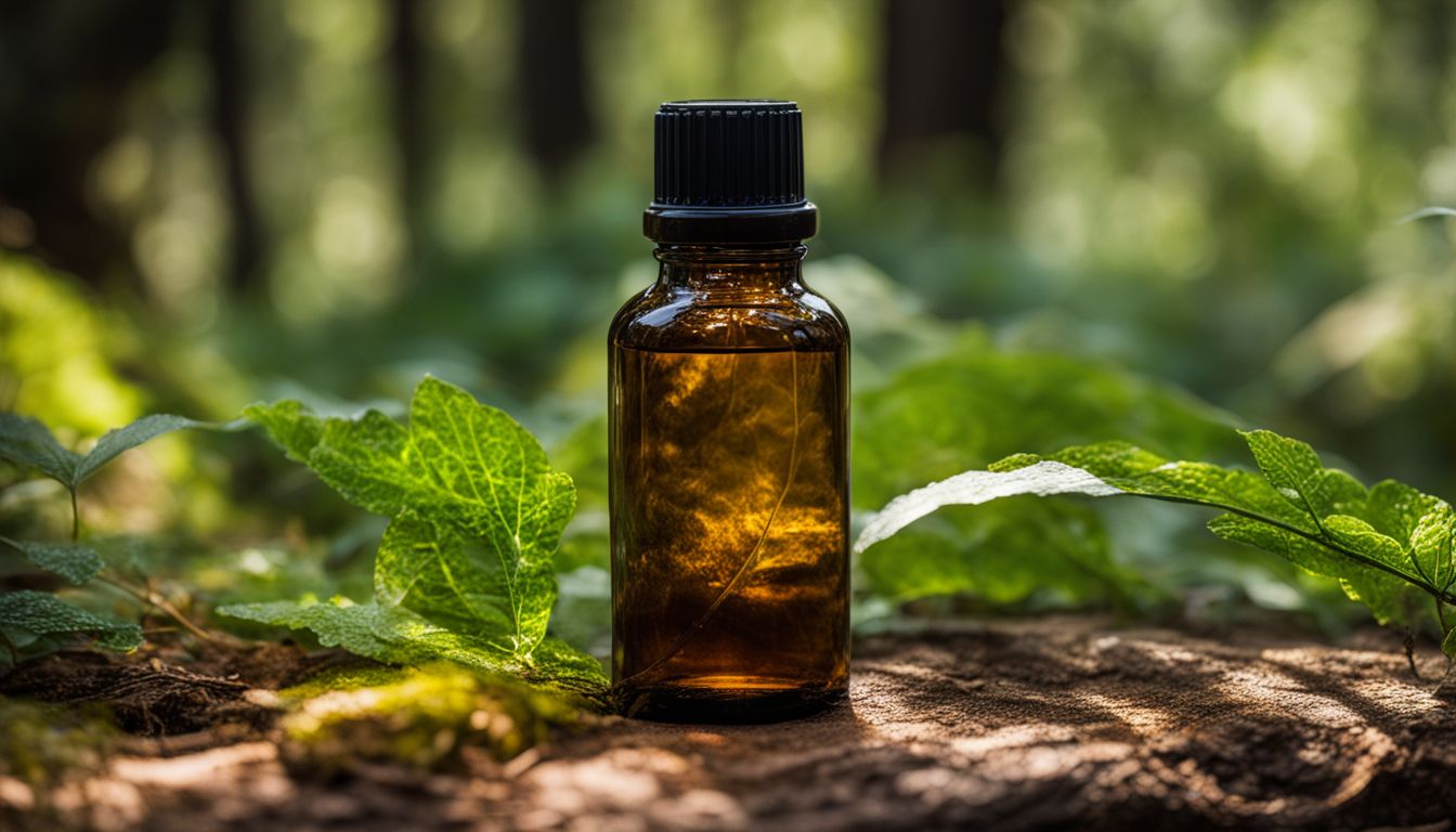 A brown glass bottle of Muira Puama tincture placed amidst green leaves on a forest floor, illuminated by dappled sunlight.