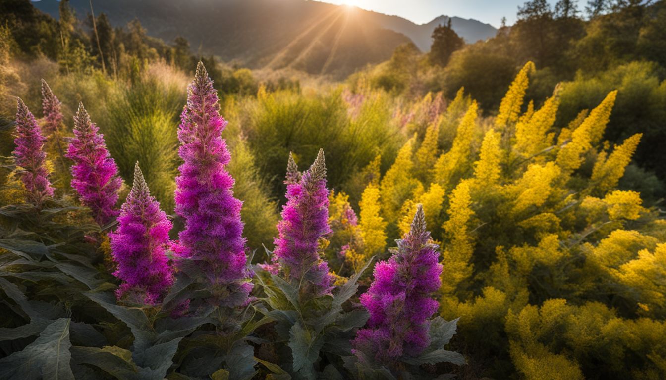 A vibrant image showcasing the growth of Mullein from seed, featuring tall, purple and yellow flowering plants basking in the golden sunlight with a backdrop of lush greenery and mountains.