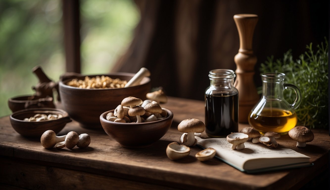 A variety of mushrooms and ingredients for a mushroom tincture recipe on a wooden table.