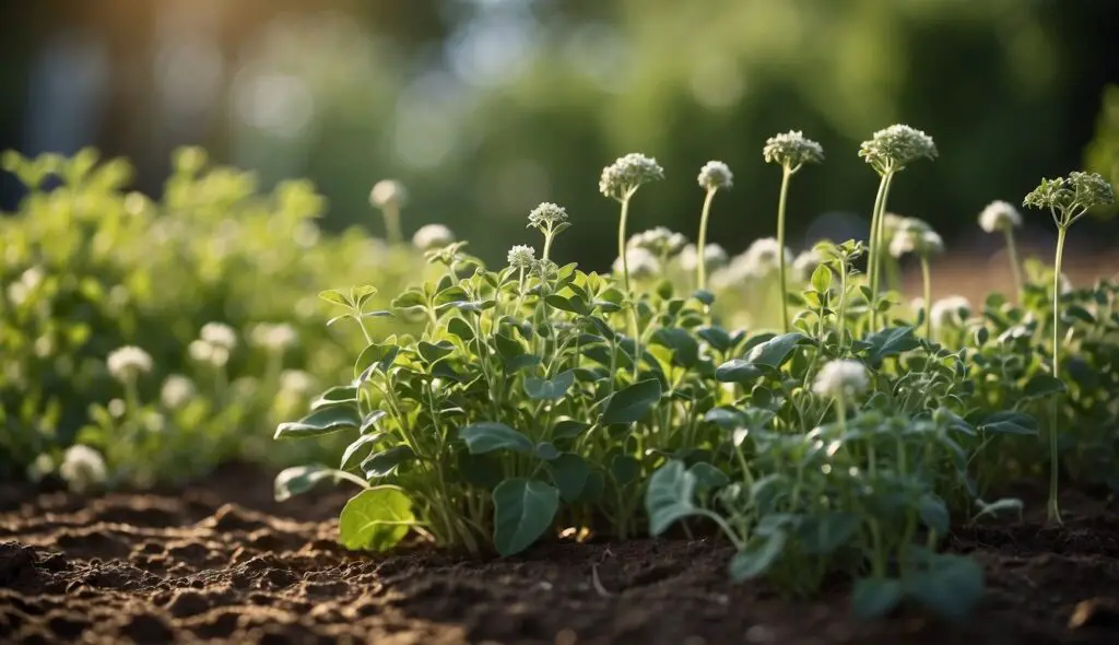 A field of green plants with small white flowers, illuminated by sunlight, representing natural antibiotics for gum infection.