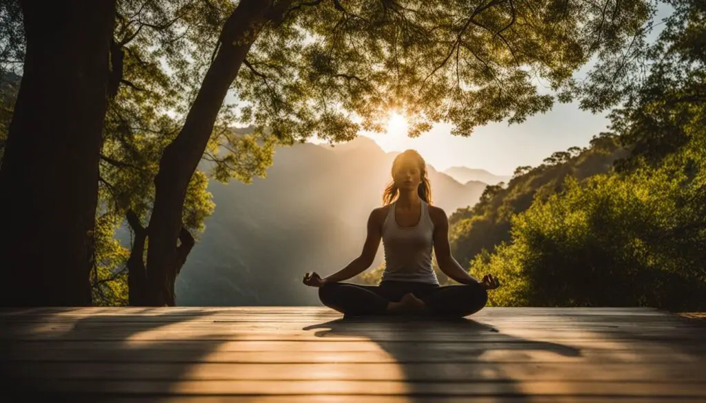 A person sitting in a lotus position on a wooden deck amidst nature, meditating during sunset.