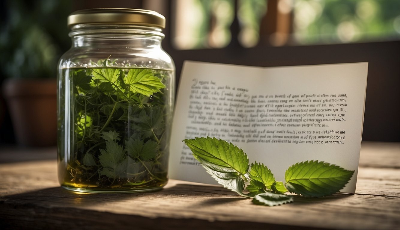 A glass jar filled with nettle leaves submerged in liquid, placed beside an open book and a sprig of fresh nettle on a wooden surface, illuminated by natural light.