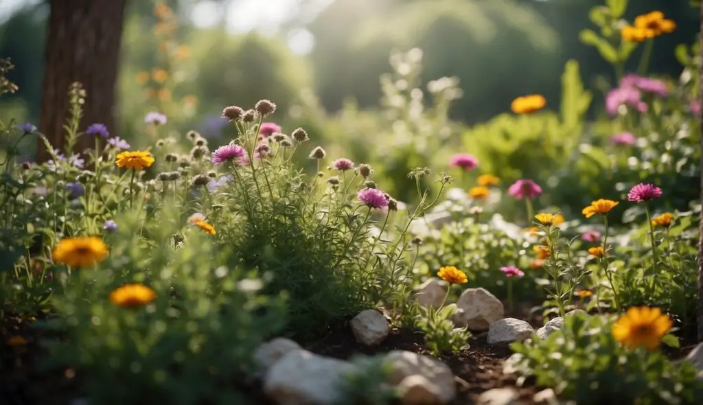 A serene garden scene with various types of flowers, including purple and yellow blossoms, growing amidst lush greenery.