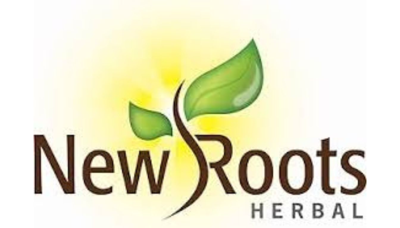 Logo of New Roots Herbal featuring two green leaves sprouting from the letter "R" in the word "Roots" with a yellow sunburst background.