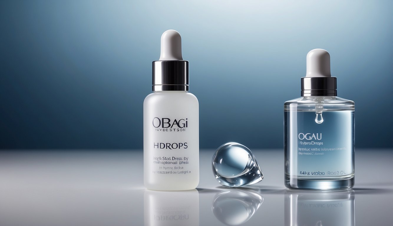 Two bottles of skincare products, OBAGI HYDRO DROPS and OGUA Hydrating Drops, displayed against a gradient blue background.