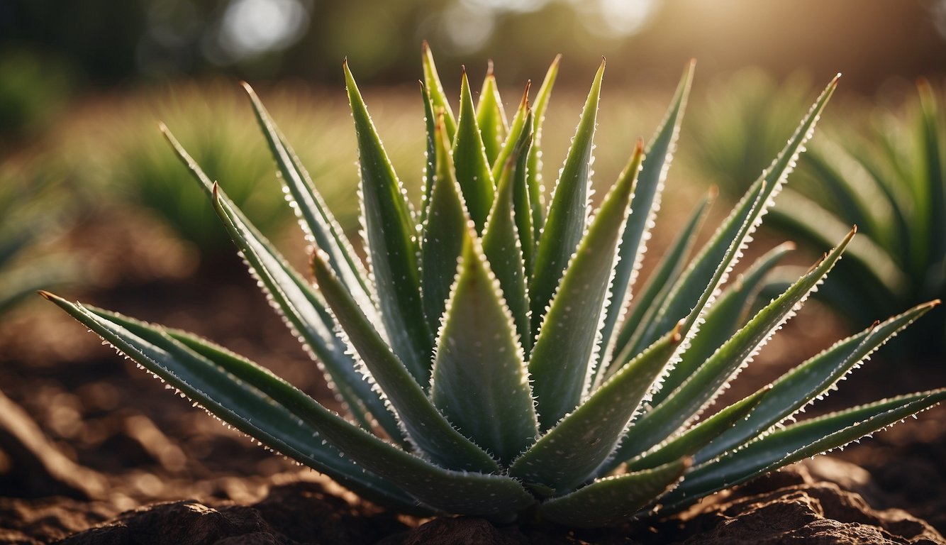A mature Aloe Vera plant with long, green, spiky leaves growing in soil, bathed in soft sunlight.