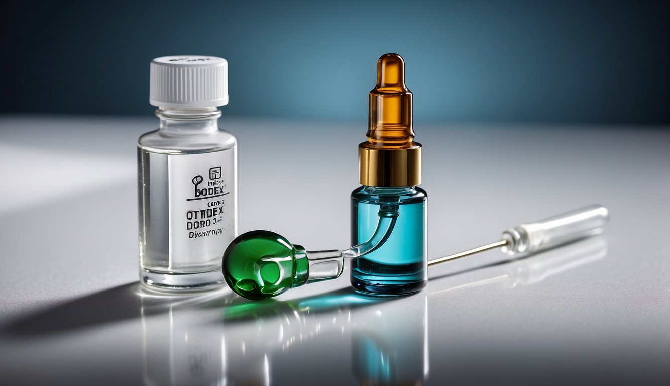 A bottle of Otodex ear drops next to a dropper on a reflective surface.