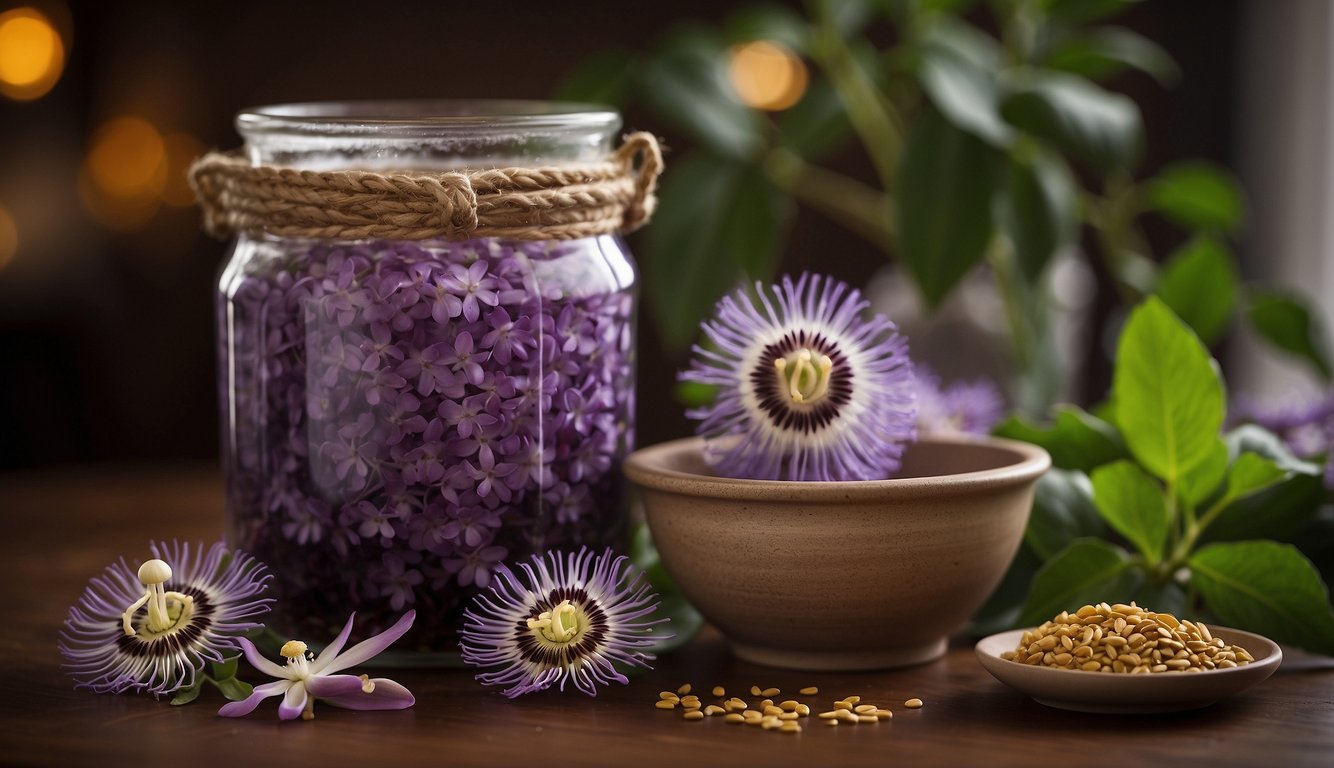 A glass jar filled with passion flower tincture, surrounded by fresh passion flowers on a wooden surface.