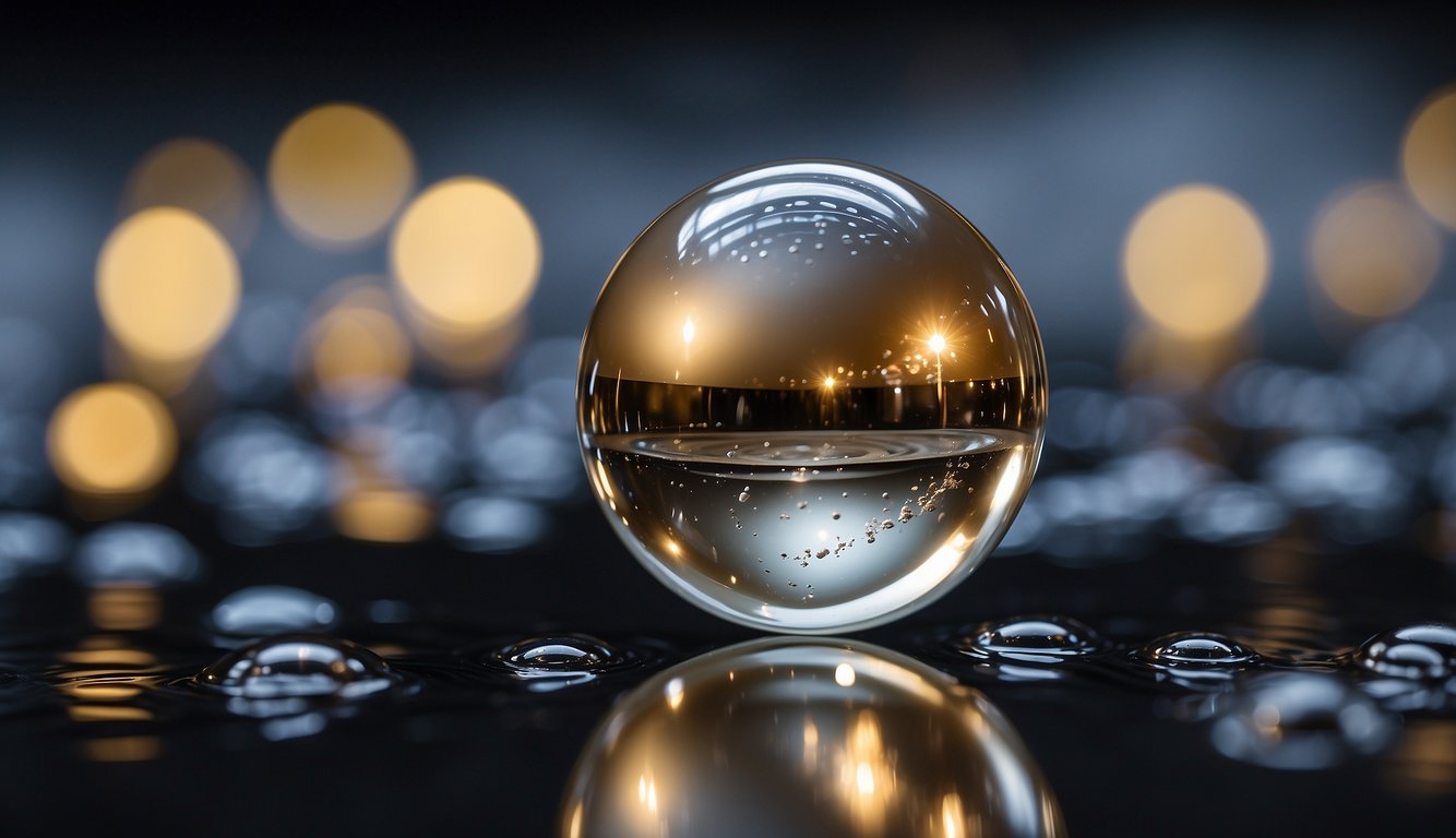 A crystal clear sphere reflecting ambient lights and surroundings, placed on a wet surface with multiple small water droplets.