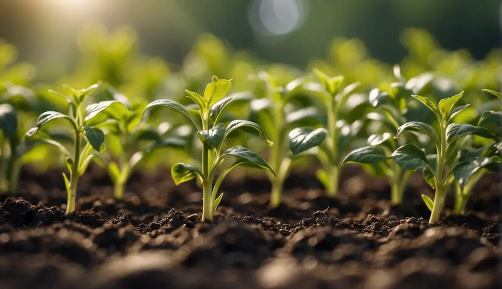 Small pepper plants emerging from the soil, bathed in sunlight.