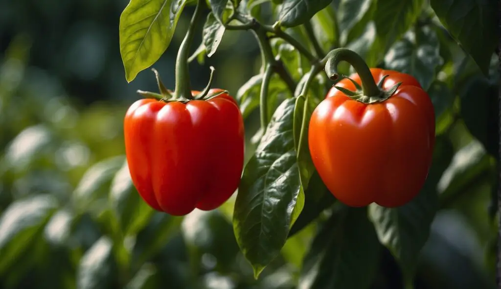 Two ripe red tomatoes hanging from a green vine amidst lush foliage.