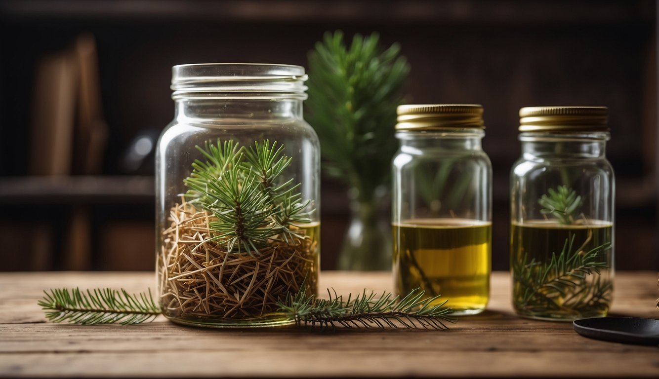 A clear glass jar containing pine needles and straw, with two smaller jars filled with a golden liquid, likely pine needle tincture, on a wooden surface.