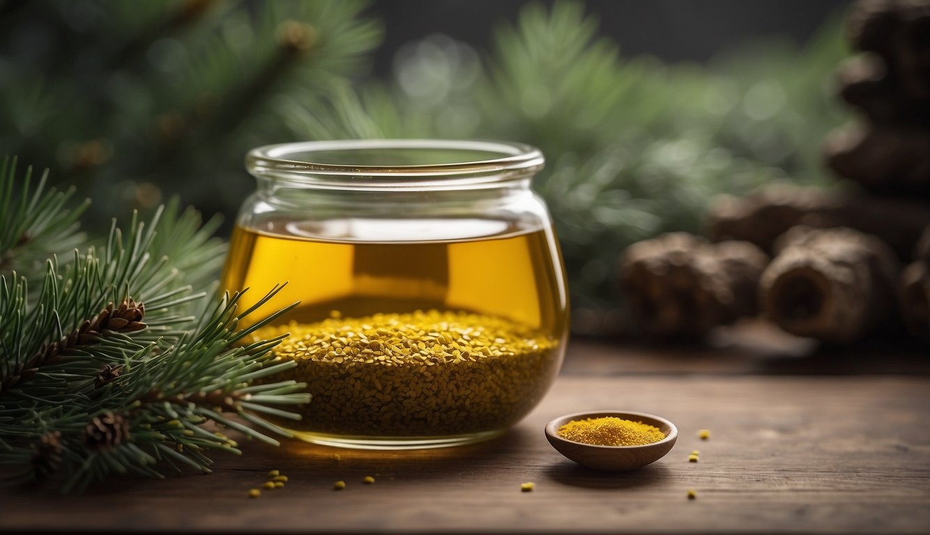 A glass jar filled with golden pine pollen tincture, surrounded by green pine branches and a wooden spoon of pollen on a rustic table.