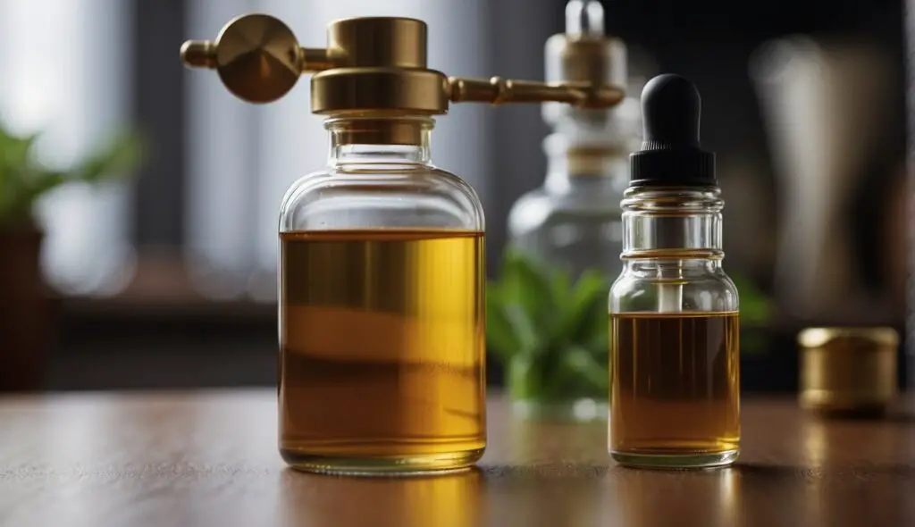 Two glass bottles of Poke Root Tincture on a wooden surface with green plants in the background.