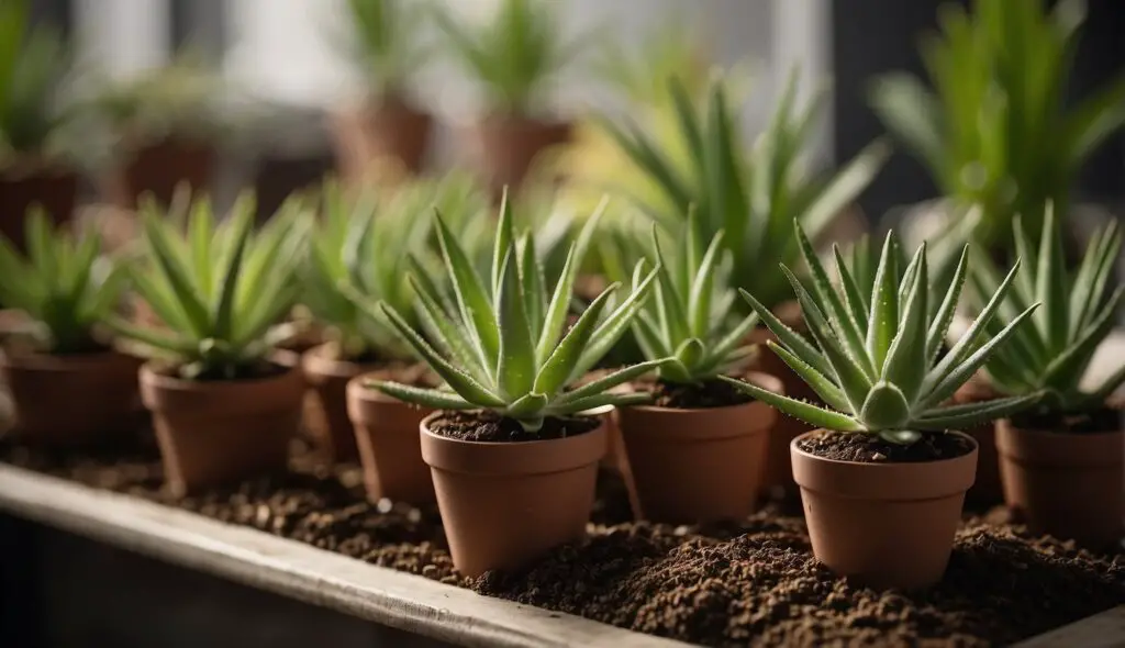 A collection of young Aloe Vera plants in small brown pots, freshly repotted and arranged on a surface covered with soil, illuminated by soft natural light.
