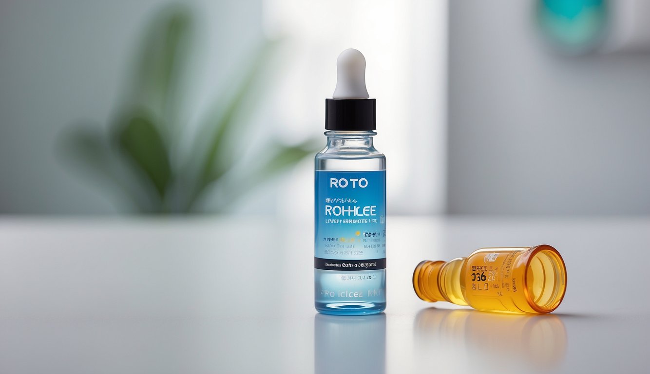 A bottle of Rohto Lycee eye drops standing next to its open orange cap on a reflective surface, with a blurred plant in the background.