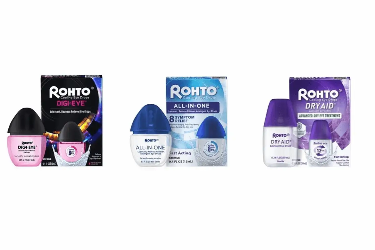 Three different packages of Rohto eye drops (Digi-Eye, All-In-One, Dry Aid) displayed side by side.