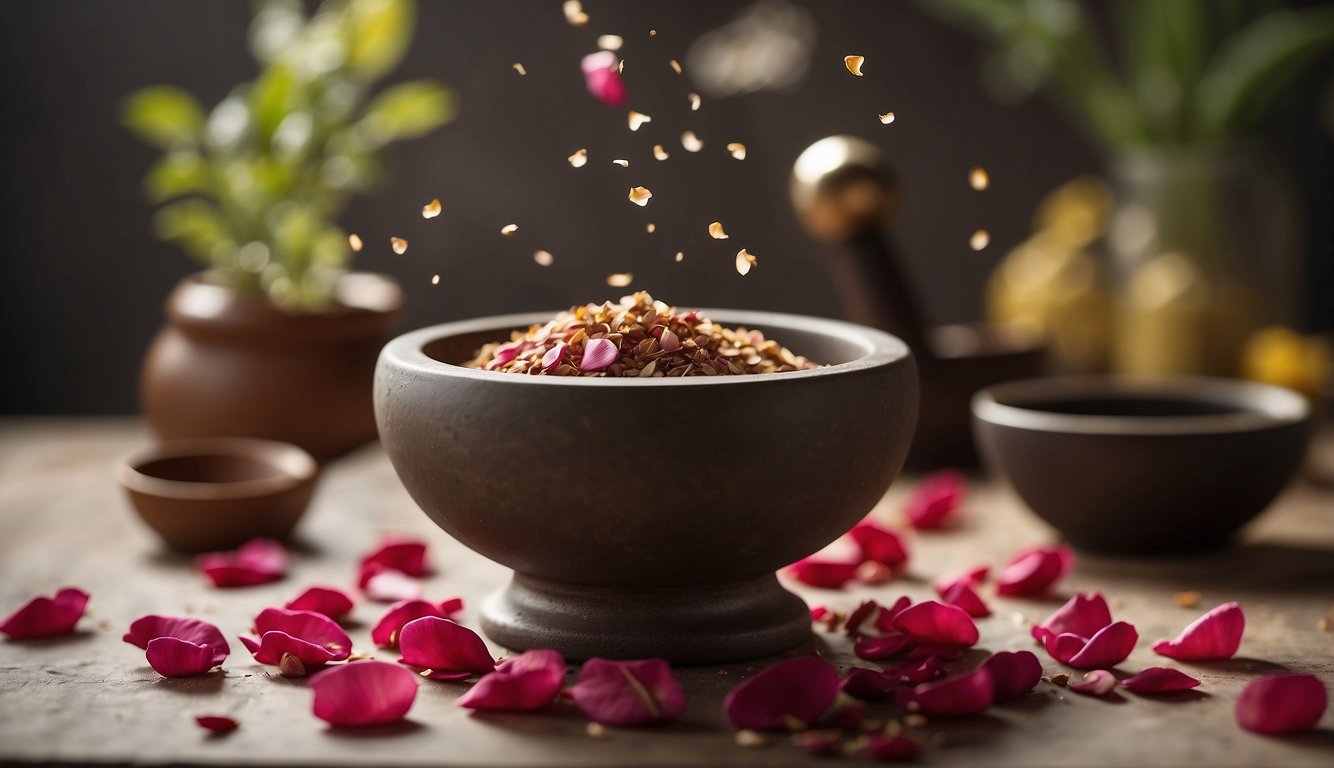 A bowl of mixed herbs including rose petals on a rustic table, symbolizing the herbal use of rose petals.