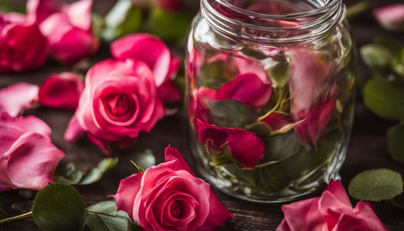 A clear glass jar filled with vibrant pink rose petals, surrounded by scattered roses and leaves on a dark wooden surface.