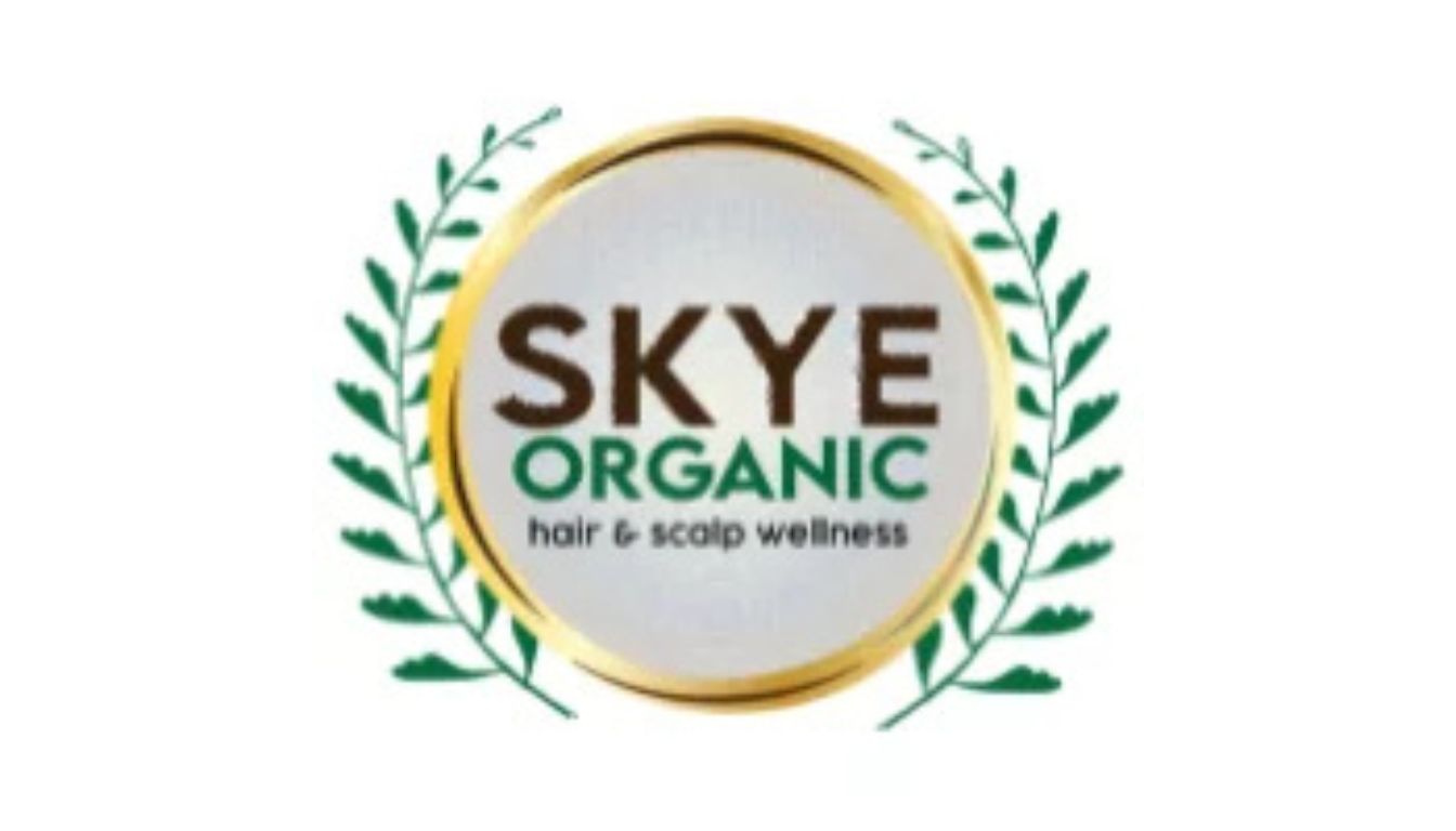 Logo of Skye Organic Hair & Scalp Wellness with green leaves surrounding a circular emblem.