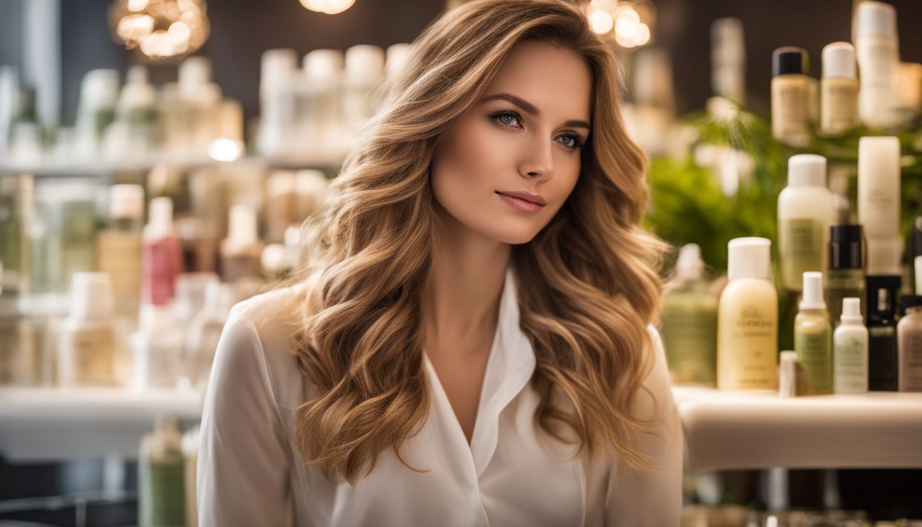 A person with wavy hair in a salon, surrounded by shelves of hair care products.