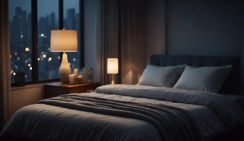 A cozy bedroom with a neatly made bed, soft lighting from a bedside lamp, and a view of the city lights through the window.