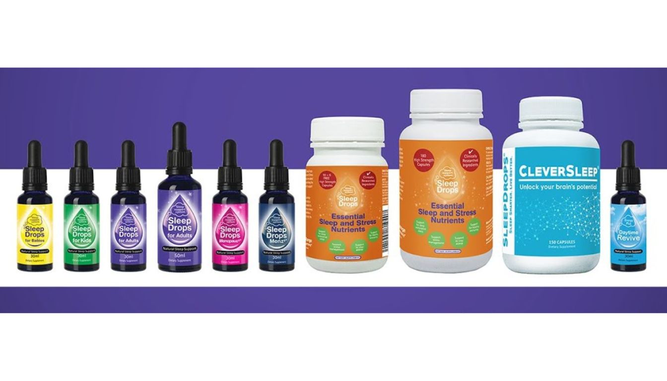 A variety of Sleep Drops products including bottles for babies, kids, adults, menopause, men, and daytime revive, along with larger containers of essential sleep and stress nutrients and CleverSleep capsules.