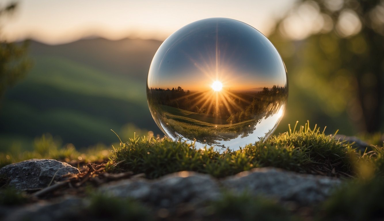 A crystal ball capturing a serene sunset over rolling hills.