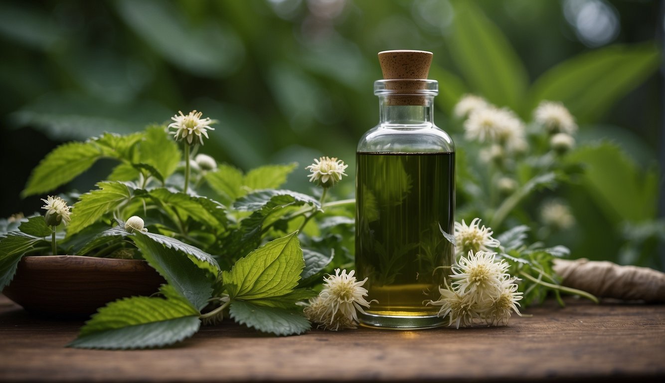 A bottle of Stinging Nettle Root Tincture surrounded by fresh stinging nettle leaves and flowers on a wooden surface.