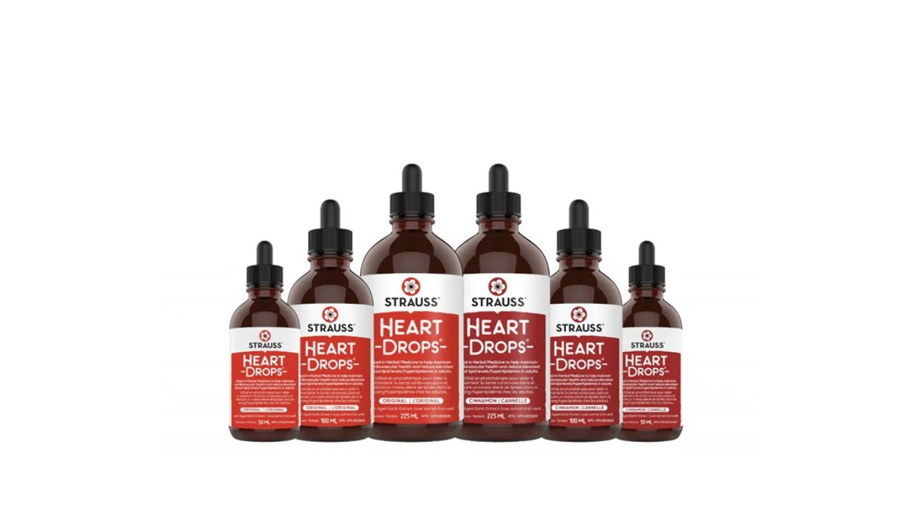 Bottles of Strauss Heart Drops in various sizes.