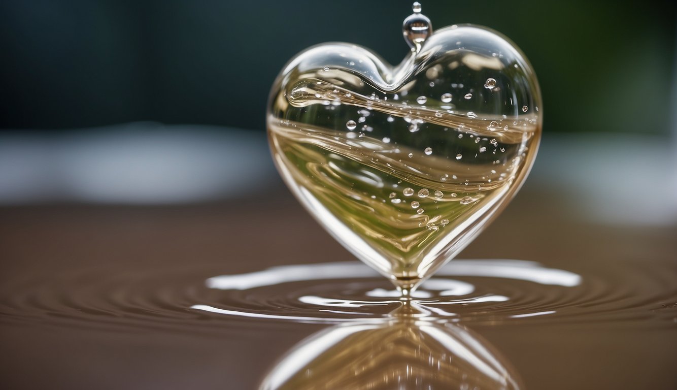 A clear heart-shaped object with bubbles inside, reflecting on a surface.