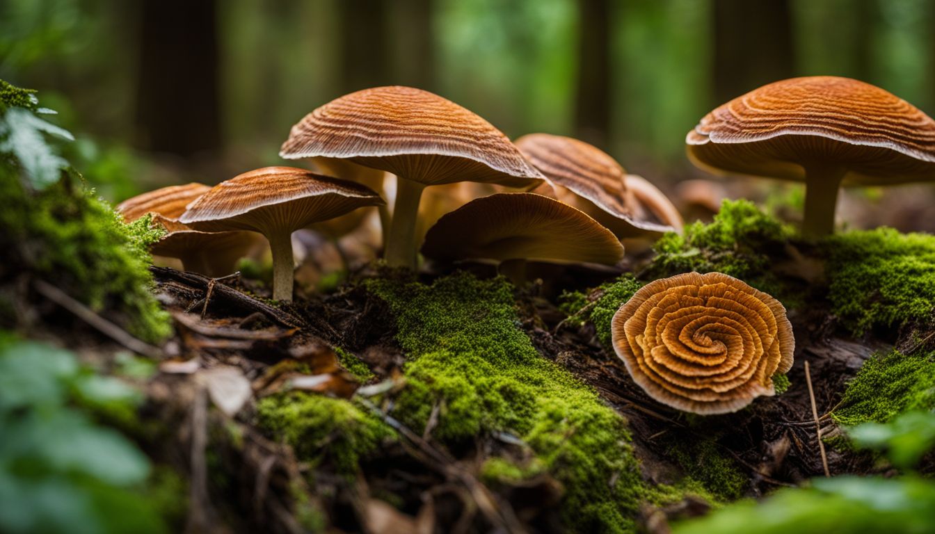 A group of Turkey Tail mushrooms growing amidst green moss in a forest.