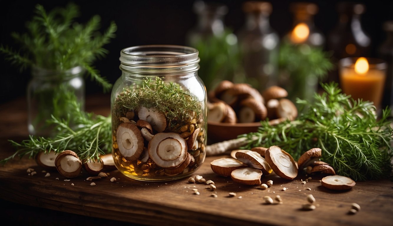 A glass jar filled with sliced mushrooms, herbs, and liquid on a wooden table, surrounded by fresh mushrooms and herbs, with bottles and candles in the background.
