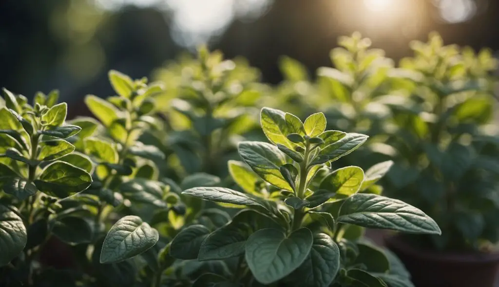 A close-up view of lush green oregano plants bathed in soft sunlight.