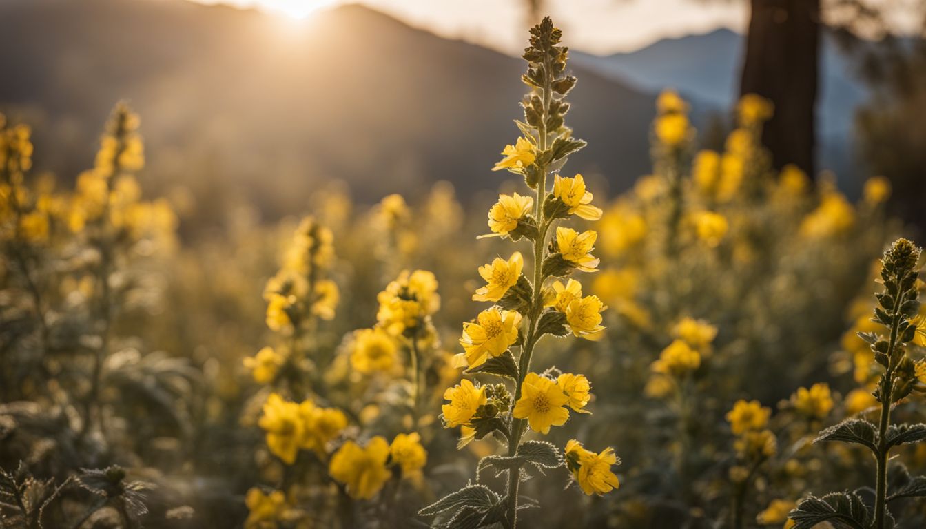 A close-up of yellow mullein flowers in a field, with the sun setting behind mountains in the background.