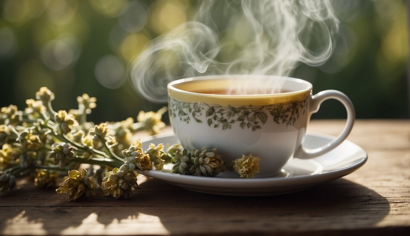 A steaming cup of mullein tea next to fresh mullein flowers on a wooden surface.