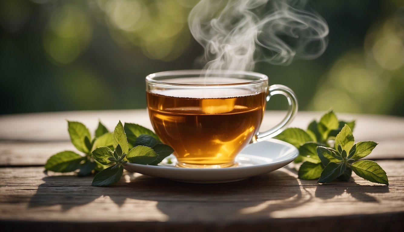 A steaming cup of herbal tea surrounded by fresh green leaves on a wooden surface with a blurred natural background.